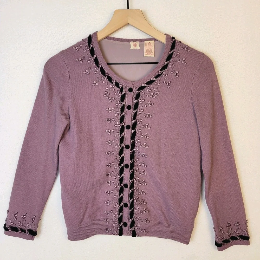 Free People Vintage Y2K Embroidered Cardigan M Velvet Trim Romantic Whimsigoth - Picture 1 of 10